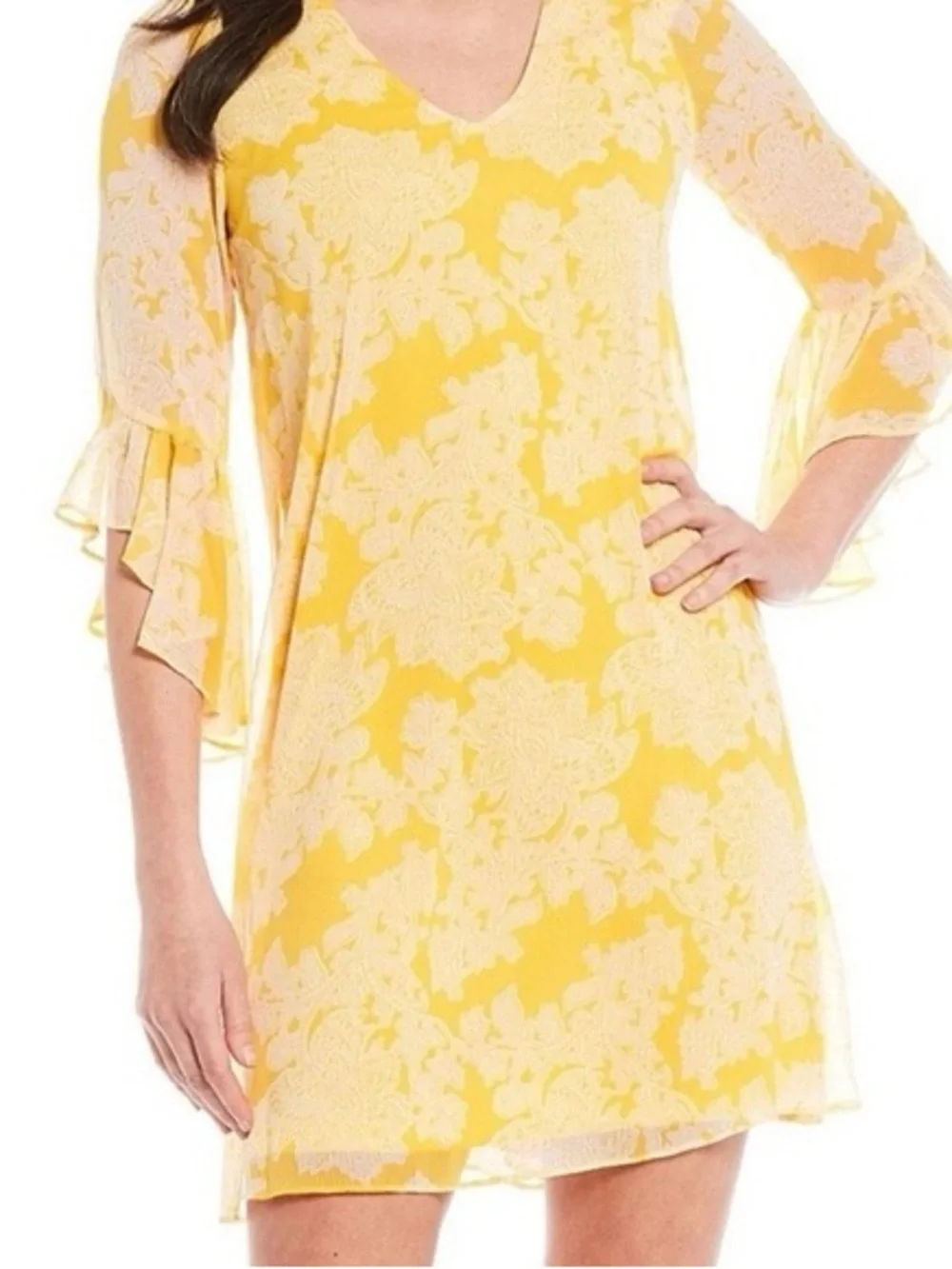 Calvin Klein Yellow and White Floral V-Neck Mini Dress N0357